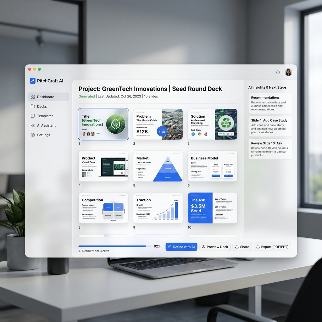 Premium AI Pitch Deck Generator Interface displaying a SaaS Seed Round Deck